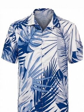 Men's Blue Leaf-Print Casual Button-Down Shirt